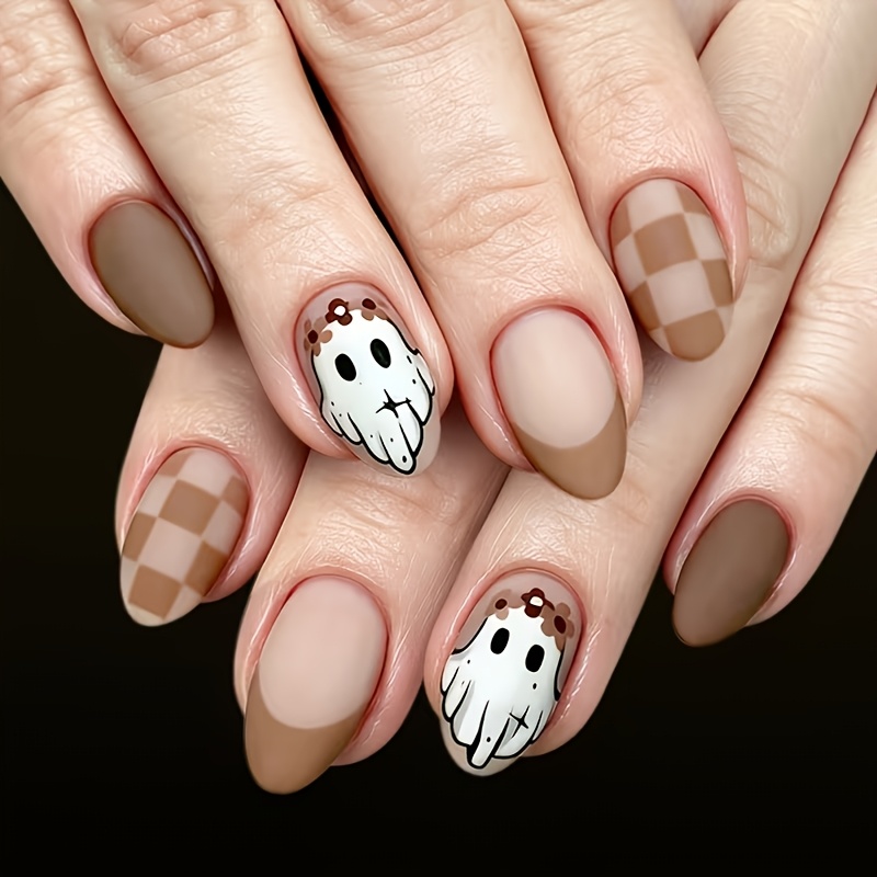 TEMU 24pcs Short Almond Nail Tips, Minimalist Autumn & Halloween Almond-shaped False Nails With Low- Brown Tones, Whimsical Ghost And Plaid Details,