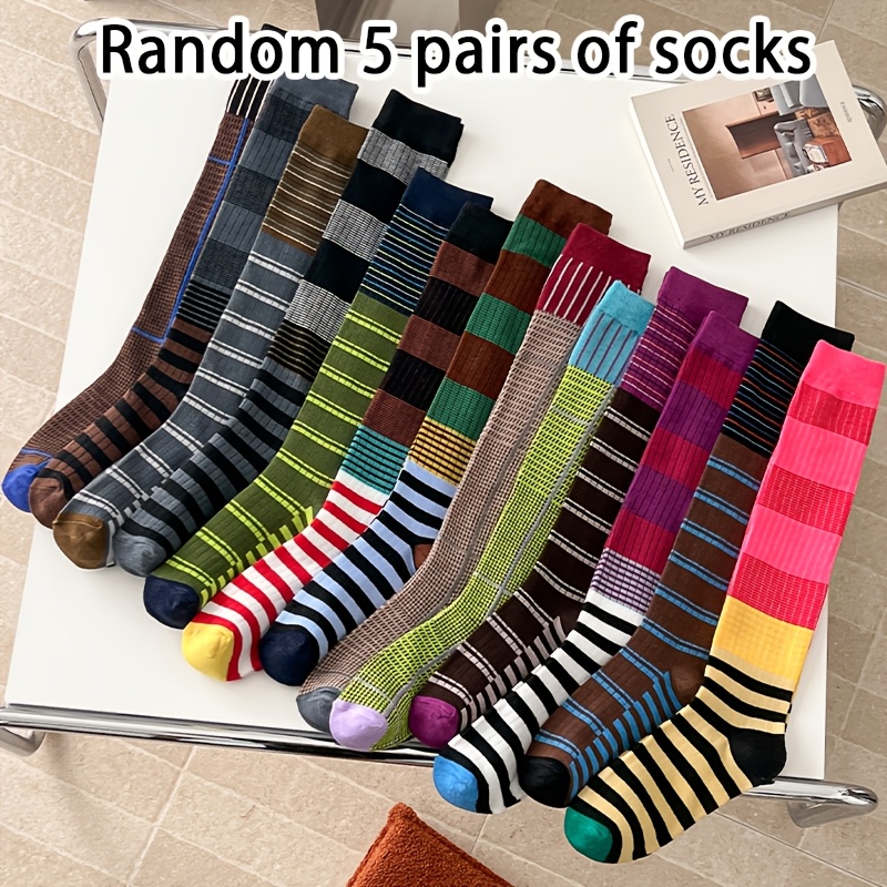 TEMU Lot de 5 paires de chaussettes amples montantes pour femme, style vintage, à rayures et blocs de couleur, , confortables, douces et respirantes,