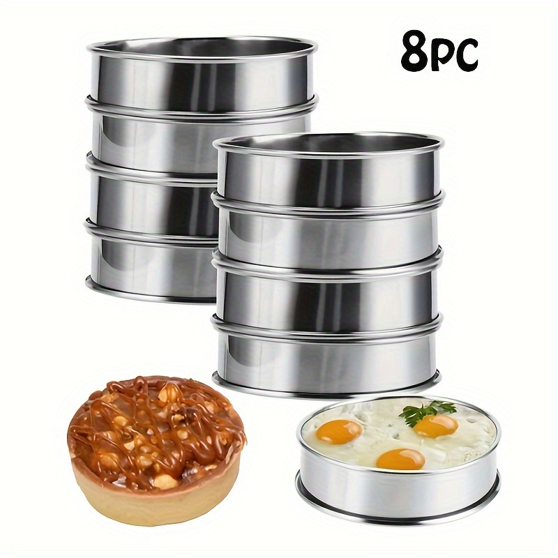 

8pcs Stainless Steel Cake Mold Set - 4" Non-stick Pancake & Egg Rings, Double Layer Tart And Baking Circles For Kitchen And Restaurant Use