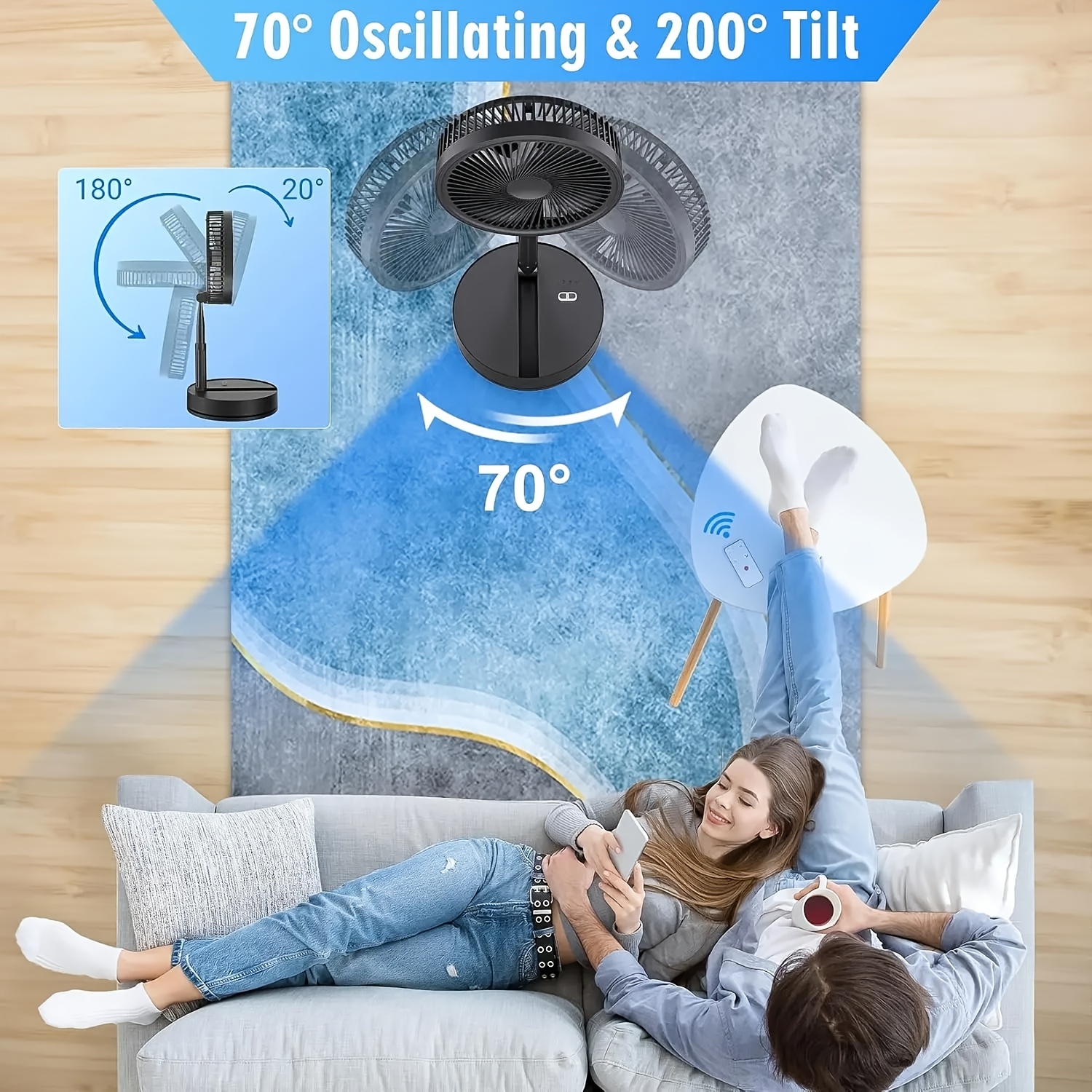 Foldable Floor Fan, Height Adjustable Quiet Portable Cooling Fan, Detachable, 3 Wind Speeds, 8000Mah Rechargeable Battery, 1.5M Charging Cable, Remote Control, Home Air Cooler for Camping Office Bedroom