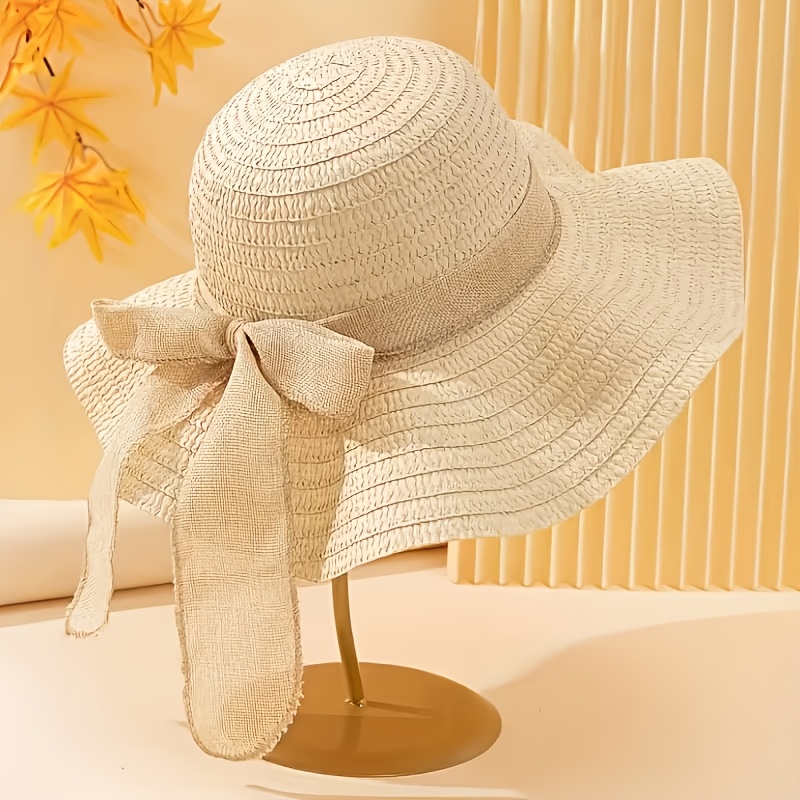 E-shop 1 eleganter gestreifter Strohhut mit gewelltem Rand Schleife, Strand- Outdoor-Hut, Sonnenhut für Reisen Urlaub