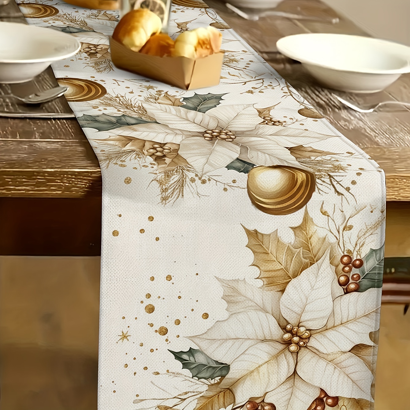 

Christmas Bells & Holly Table Runner - Elegant Holiday Dining And Kitchen Decor, Polyester Woven Design For Seasonal Celebrations