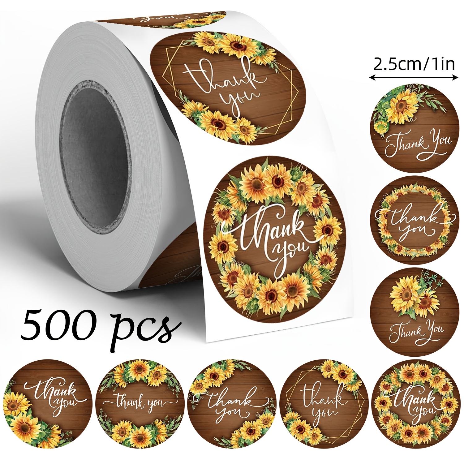 TEMU Confezione da 500 adesivi a rotolo con e del legno con scritta "Thank You" in inglese, rotondi da 1 pollice, 8 design, per sacchetti di