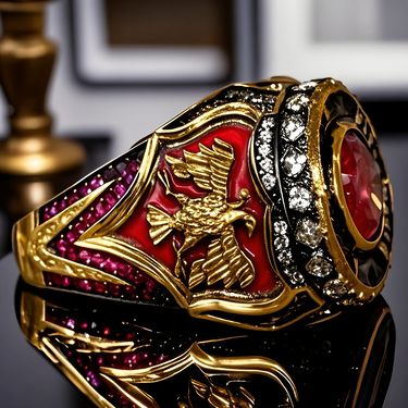 Vintage-style Warrior Ring, Double-headed Eagle Design, Dark Red Imitation Enamel Elements, Synthetic Ring, Men's Vintage Ring, Garnet