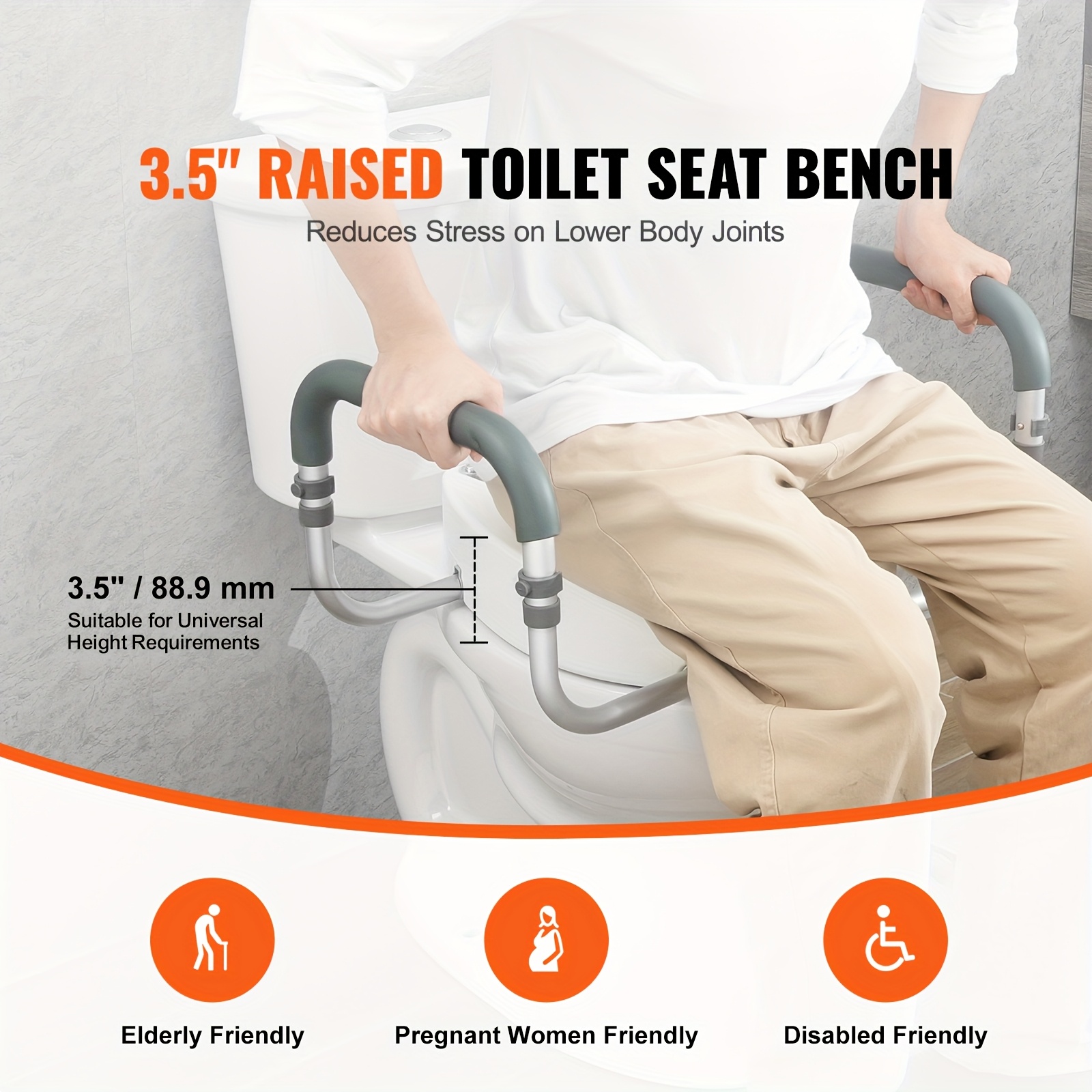 VEVOR 8.89cm Raised Toilet Seat with Aluminum Handrail & EVA Armrest Padding, 136.08 KG Weight Capacity – Ergonomic Design for Elderly, Handicap, Patient, Pregnant – Standard Round Toilet Height Increase, Maternity Bathroom Accessory | Contemporary Toilet Seat | Padded Armrests