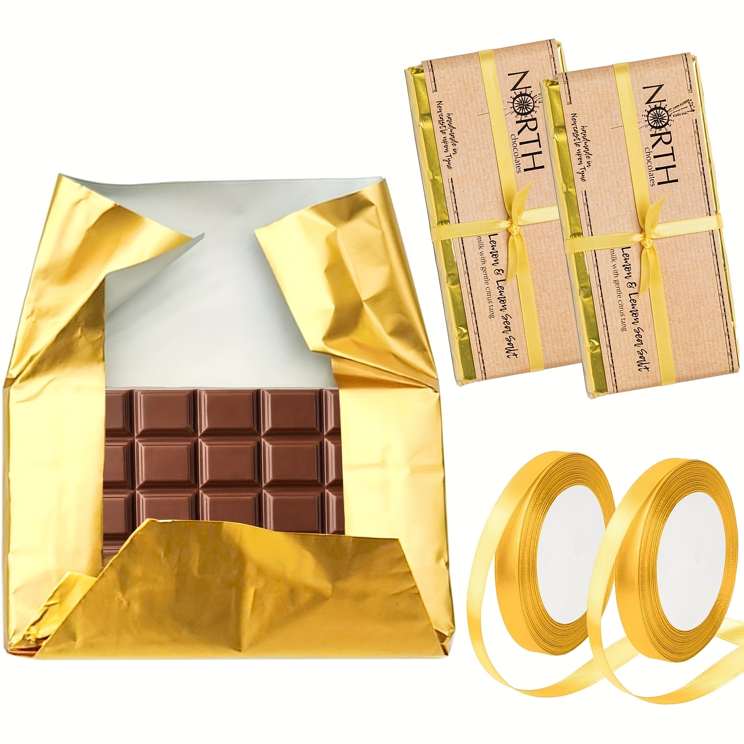 

101pcs Ensemble d'emballage de barres de chocolat en feuille dorée - Chocolats individuellement emballés de 8x8 pouces avec 1 ruban à rouleau, d'emballage de bonbons fait à pour les fêtes et