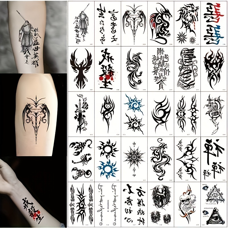 

Piece Of 30 Waterproof Temporary Tattoos - Realistic Chinese Characters & Abstract Designs | Long-lasting Fake Tattoos For Arms, Legs, Back | Ideal For Adults