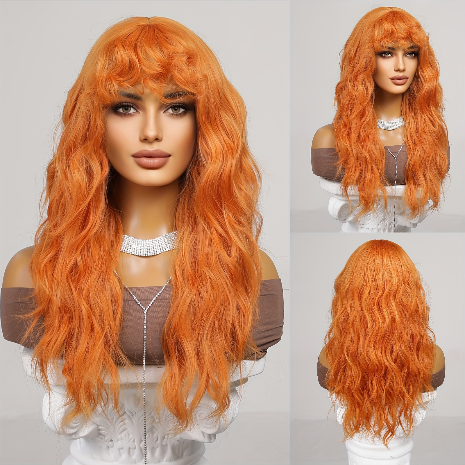 Orange Wig Women Long Wavy Curly Wig Bangs Synthetic Heat Temu New Zealand