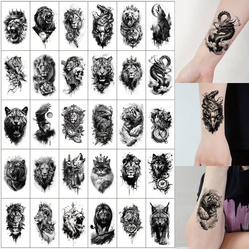 30pcs realistic wolf snake dragon temporary tattoo stickers suitable for men waterproof animal tattoo patches with black ink for parties festivals