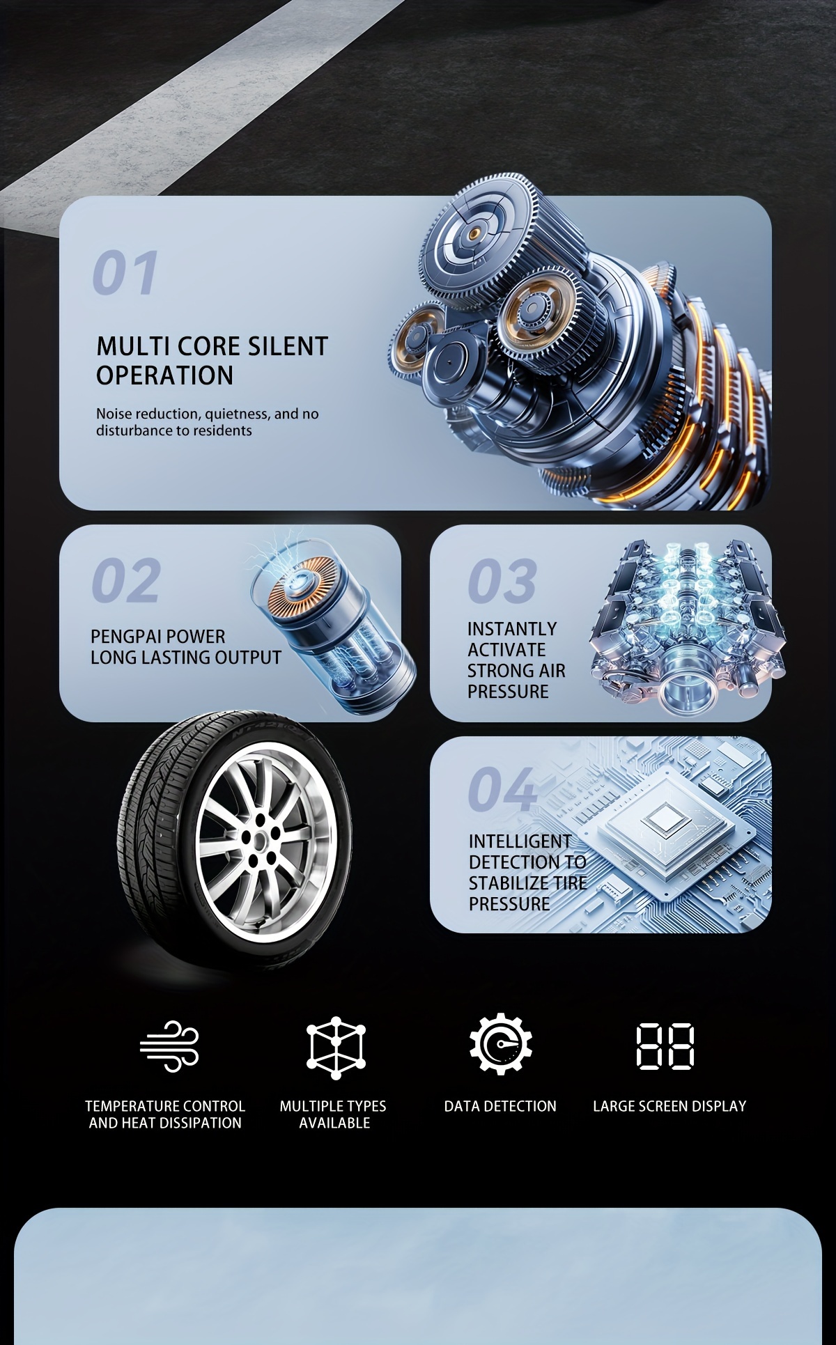 Gonfleur de pneu de moto sans fil 120 Watt avec affichage numérique, compact et doté d'une lumière LED et de buse de gonflage