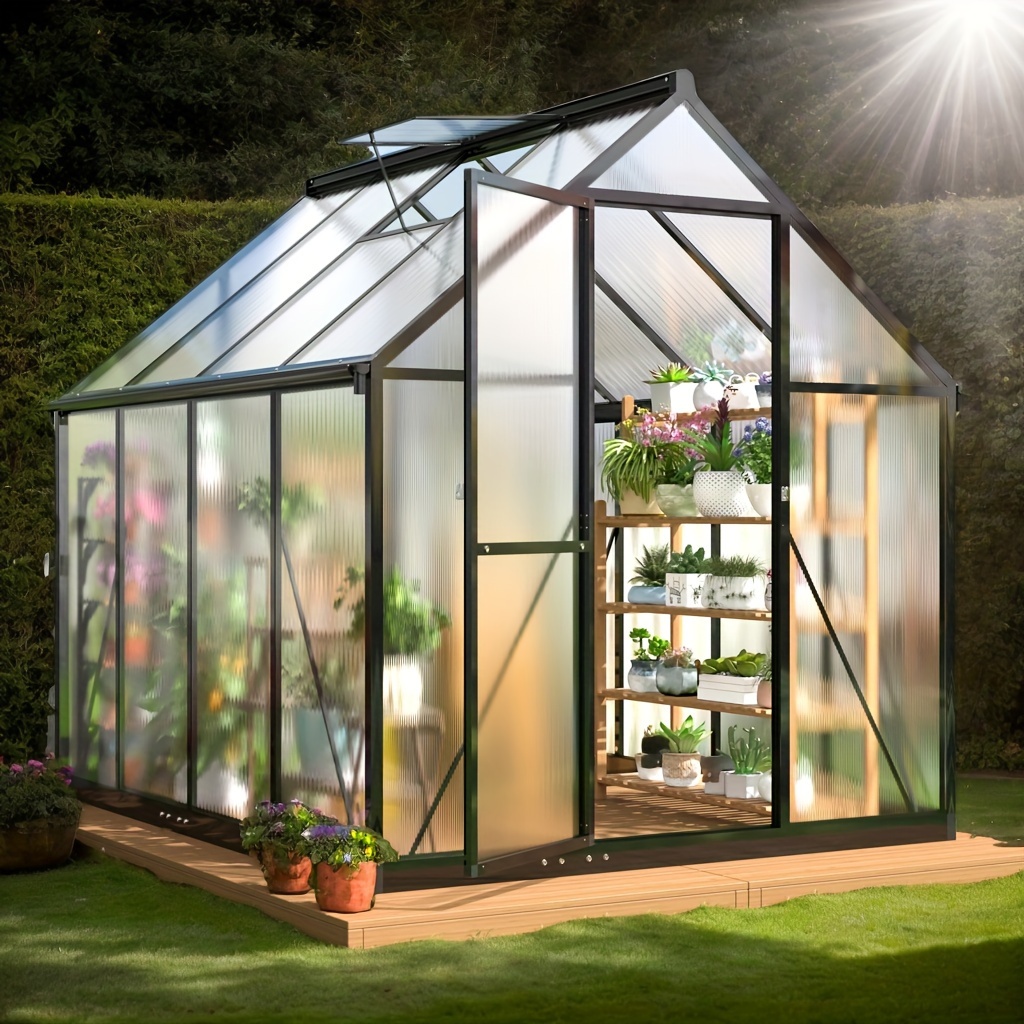 

Outdoor Greenhouse Polycarbonate, Featuring Quick And Roof Ventilation, Spacious Aluminum Walk-in Greenhouse Or Backyard.