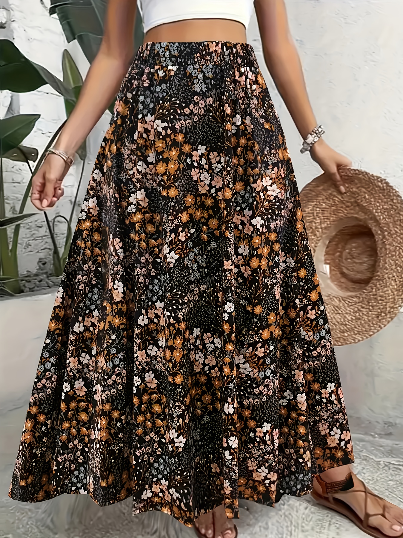 Plus Size Women'S Floral Print Maxi Dress Elegant Flowy Long Skirt with  Orange/*/Gray/* Pattern, Non-Stretchy Polyester Fabric for Formal Casual 