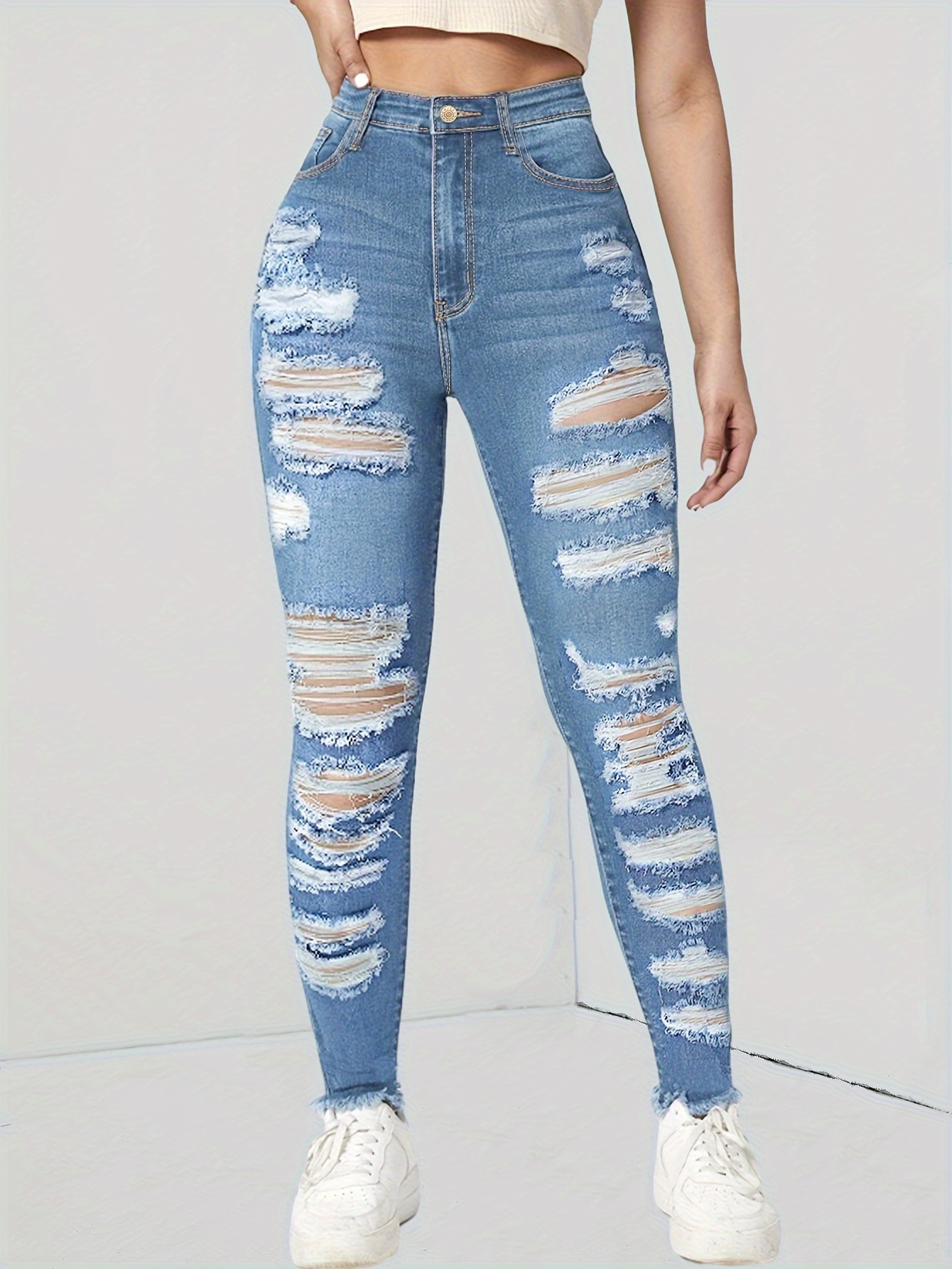 Ripped High stretch Skinny Jeans Slash Pockets Distressed - Temu