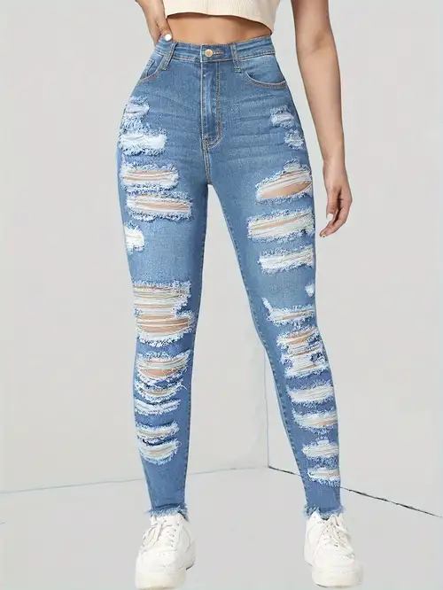 Ripped High stretch Skinny Jeans Slash Pockets Distressed - Temu Canada