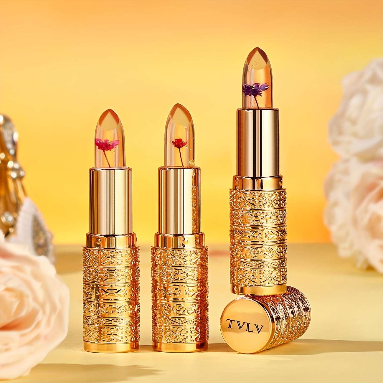 

3pcs Color Changing Jelly Lipstick Set, Flower Infused, Long Lasting Moisturizing Lip Care Cosmetics, Golden Embossed Tube, Gift Set