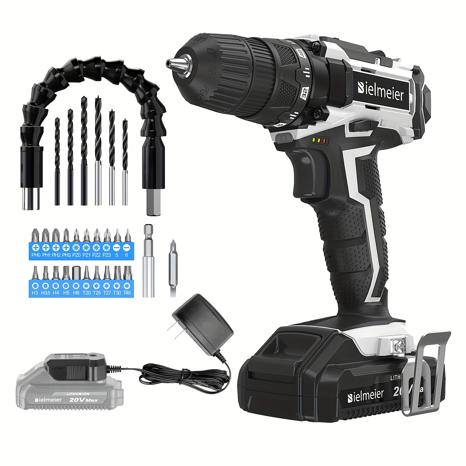 

1pc Bielmeier 20v Max Cordless Electric Drill Set With Led Light - Electric Drill, Variable Speed, 64+1 Position, 3/8" Keyless Chuck, Flex Shaft, 28pcs Drill Bits, Battery & Charger Included