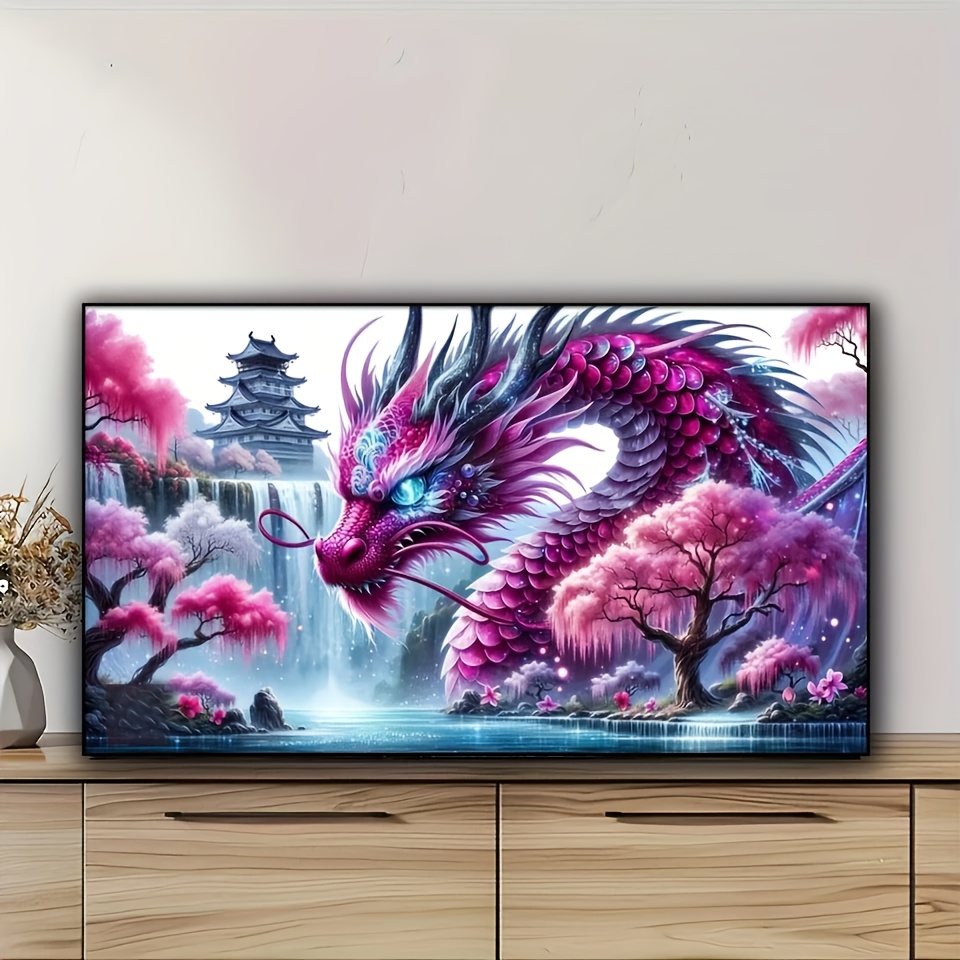 Image of A Colorful Dragon Waterfall Scene With Flowers, A Single Diamond Painting Featuring Animals And Birds For Home Decoration. This Kit Includes A Diamond Mosaic Measuring 70x40cm (28x16 Inches)