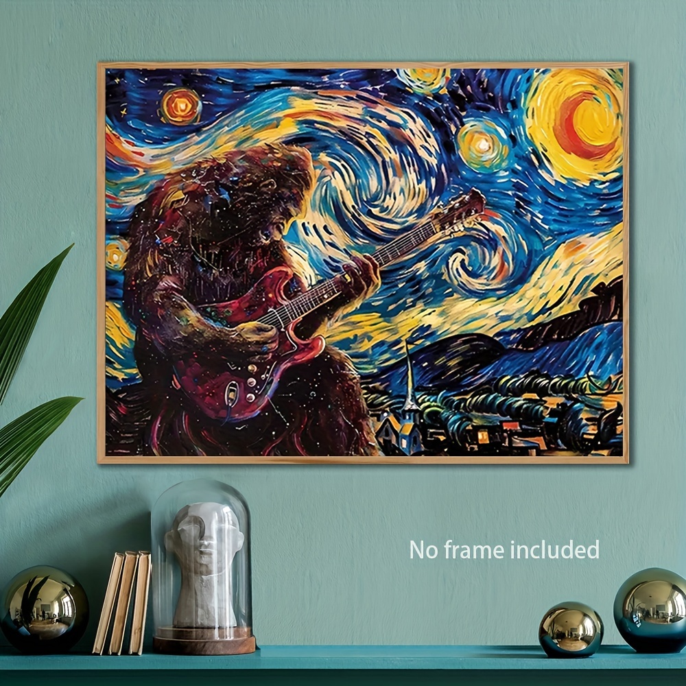 

Sasquatch Guitarist Canvas Art Print - Starry Night Inspired Home Decor Wall Hanging, Abstract Modern Art For Living Room Studio, Guitar-playing Bigfoot Design, 12x16inch