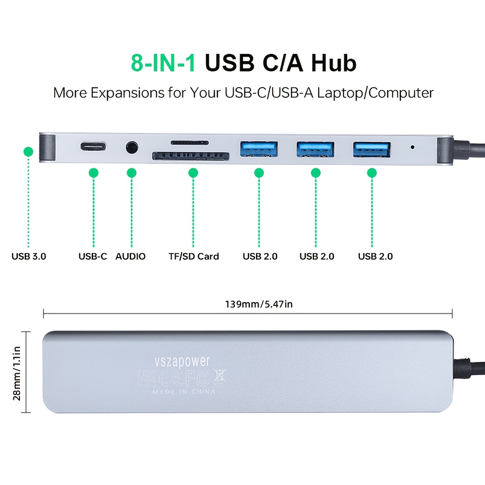 an 8 in 1 multifunctional docking station with a usb c a supporting high speed usb 3 0 transfer it a tf sd card reader and a 3 5mm headphone jack making it lightweight and portable suitable for devices like laptops and smartphones expanding options and enhancing work details 3