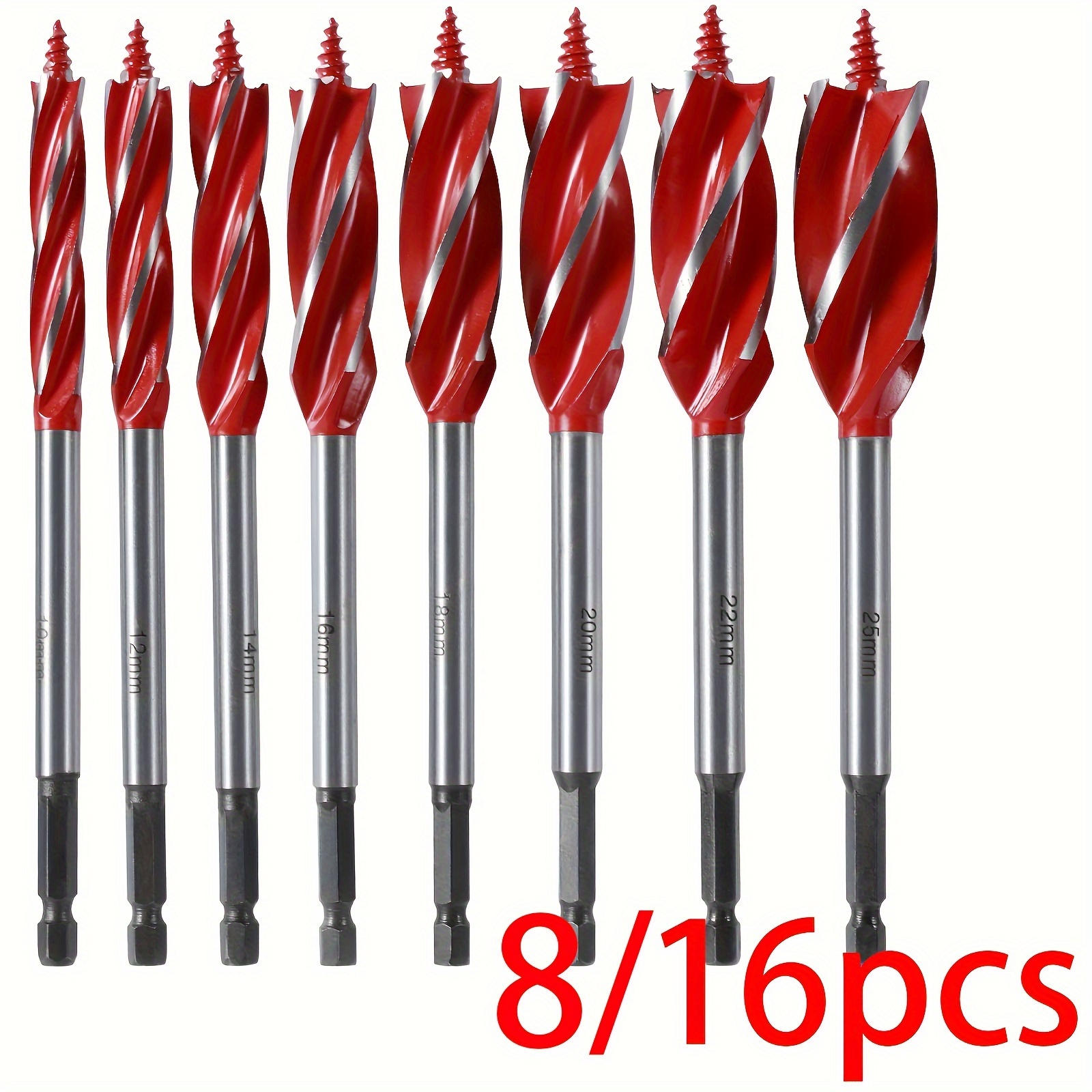 

8pcs/16pcs, Wood Auger Drill Bit Set High-carbon Steel 4-flute Cut Drilling Bit Kit 10-25mm Self-tapping Hex Shank Wood Hole Drill Bit Precise Woodworking Bit For Hardwood Plastic