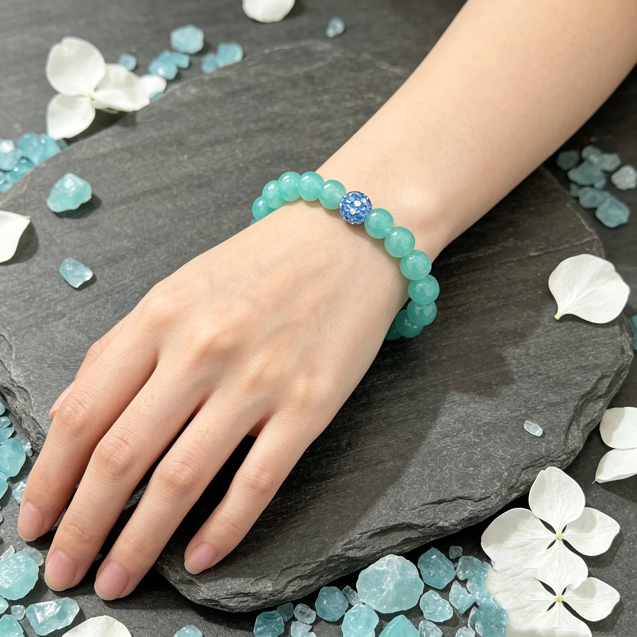 Light Green Imitation Jade Round Bead Stretch Bracelet