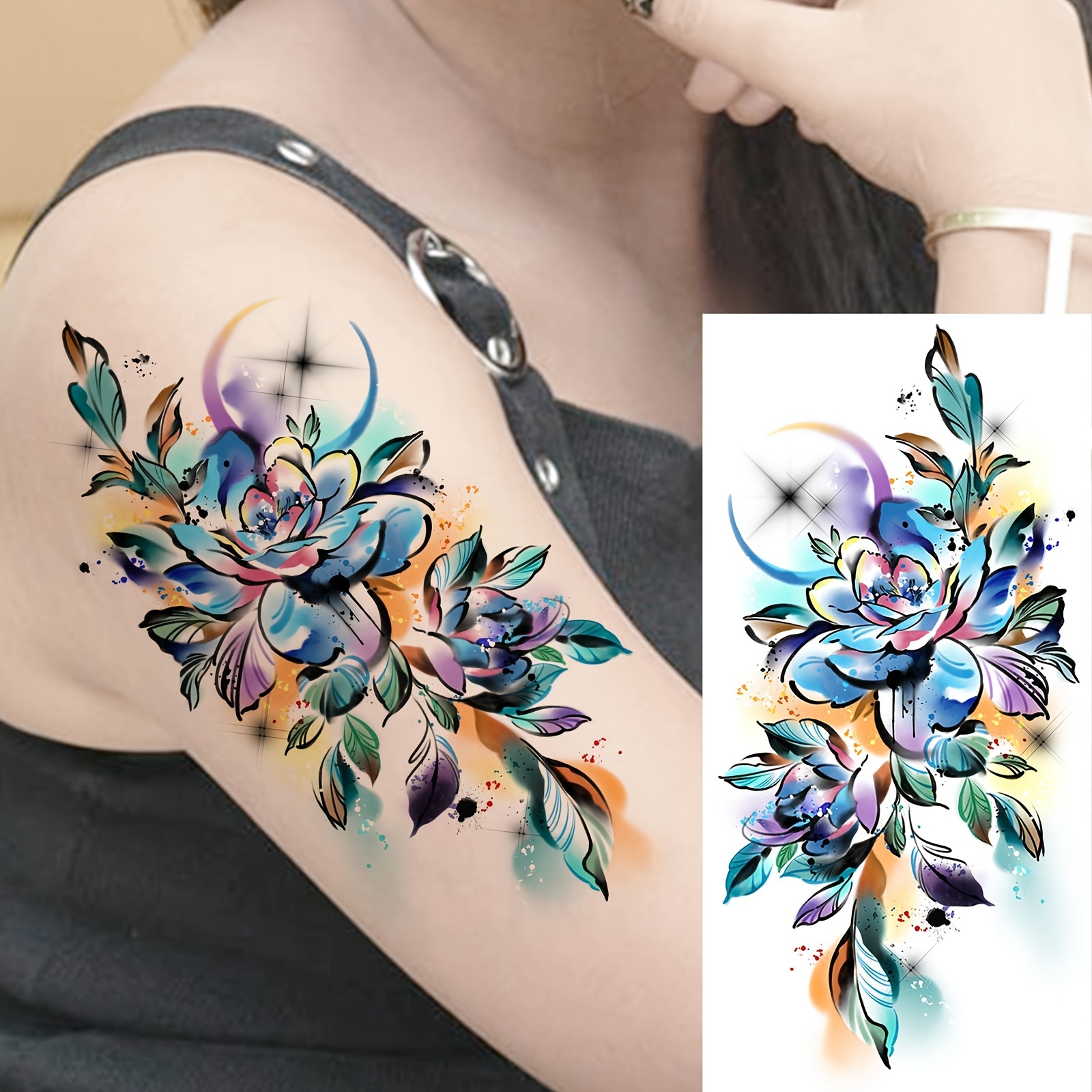 

Watercolor Peony Rose Temporary Tattoo Sticker For Women, 1 Sheet, Floral Fake Tattoo Sleeve For Adult Arm Forearm, Colorful Floral Temporary Body Art Tattoo With Application Instructions