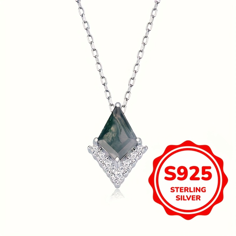 

925 Sterling Silver Vintage Kite Natural Moss Agate Pendant Necklace Women's Unique Anniversary Gift Jewelry