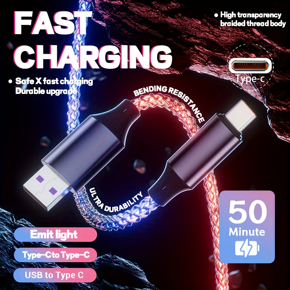 Adaptateur USB 66W & Câble de Données Double Type-C Compatible pour iPhone 15 Pro/Huawei/Samsung - RGB Respiration Intelligente, Câble de Charge Rapide avec Connecteur USB (Compatible 6A 20A, Câble PVC)