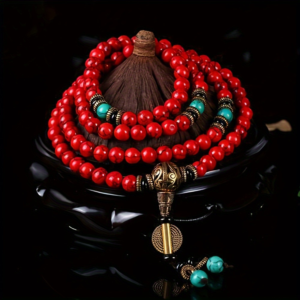 

Bohemian Style 108 Red Pine Stone Beads Bracelet, Prayer Mala For Men And Women, Ideal Gift For Loved Ones