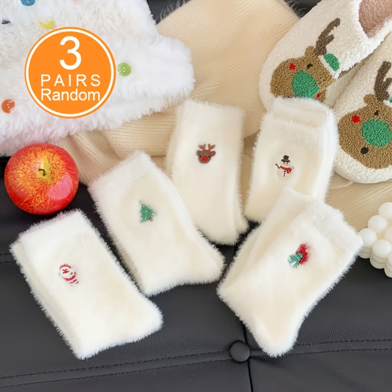 TEMU 3 Pairs Random Style Women's Christmas Socks, Patterns Snowmen, Santa Claus, Christmas Trees, Reindeer, And Bells. White Fluffy Embroidered
