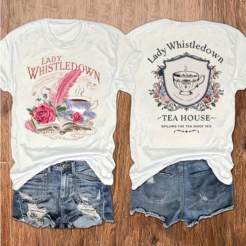 

Lady Whistledown Letter Front And Back Print T-shirt, Short Sleeve Crew Neck Casual Top Summer And Spring, Women's Clothing