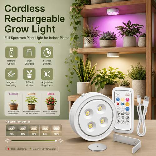 1/2Pack Rechargeable Grow Light for Indoor Plants, Cordless Magnetic Plant Lights for Indoor Growing, 6500k LED Lighting with Timer & Remote, Dimming for Plant Shelf