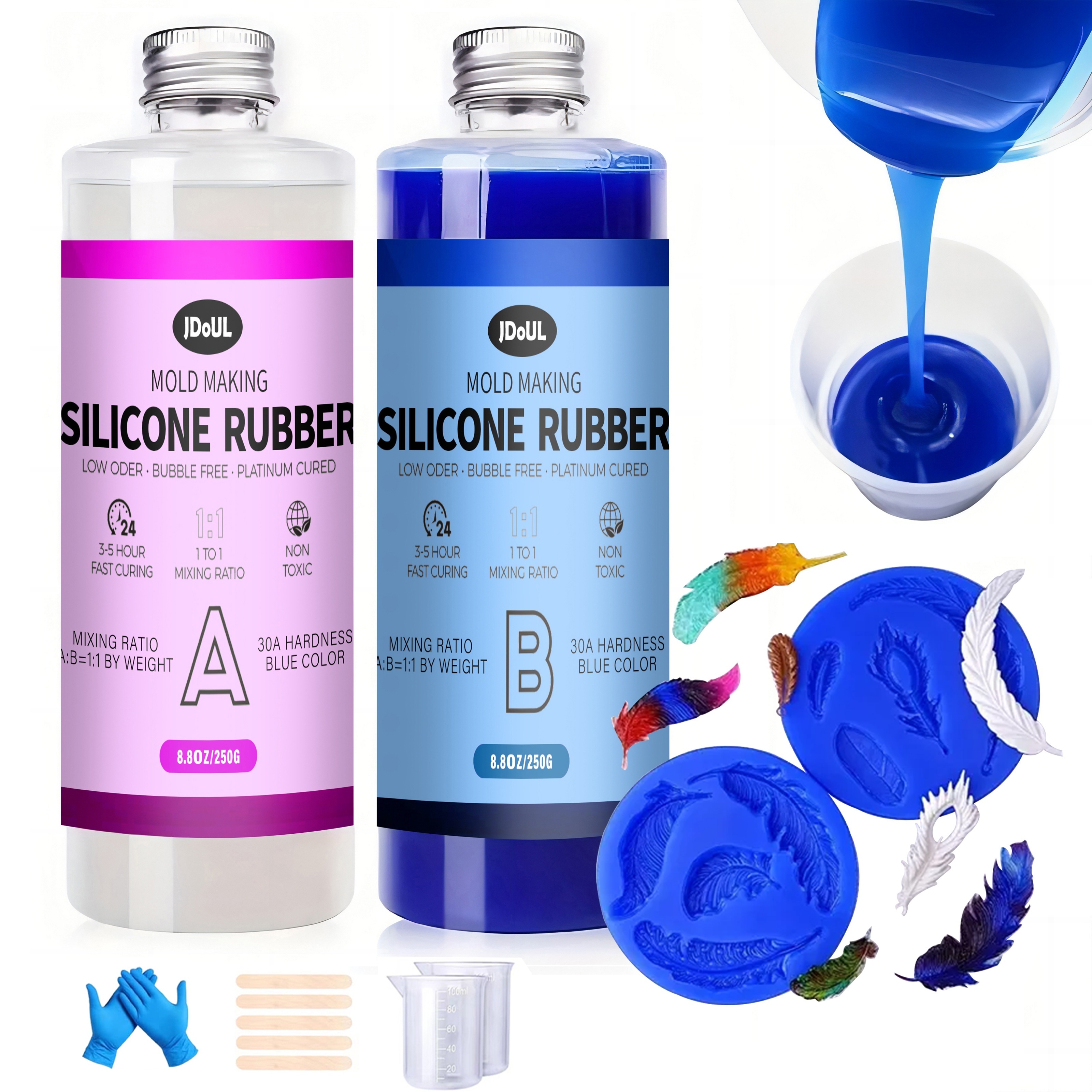 

2 kits de fabrication de moules en silicone, 500 ml chacun, silicone liquide AB platine de dureté 30A, bleu, haute résistance à la déchirure, non toxique, pour les loisirs créatifs