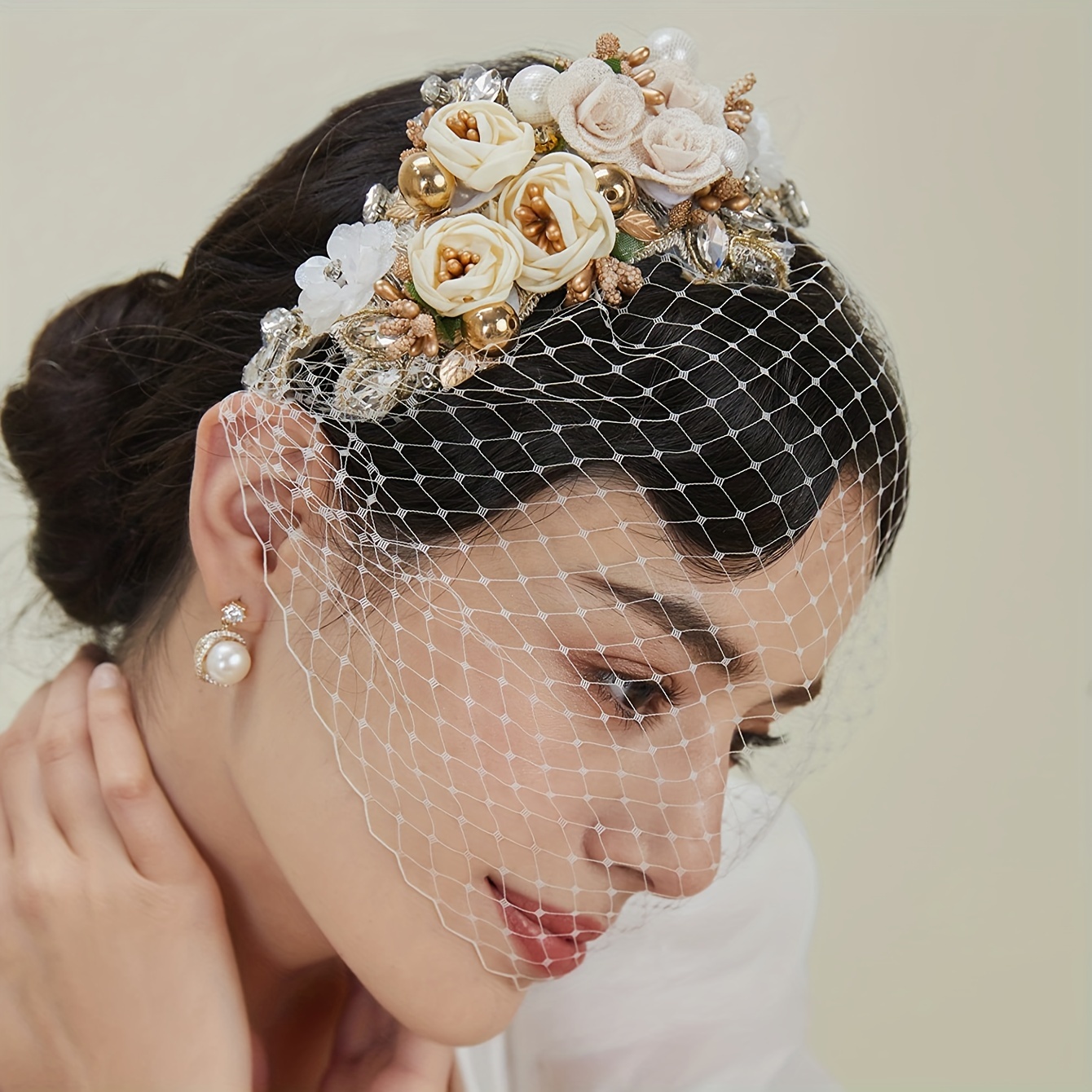 elegant 1920s beige fascinator veil headband floral leaf - Temu display picture 3