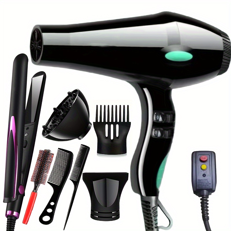 

Professional Hair Dryer With Negative , Adjustable Temperature, 1.5- Cord, Us Plug, Includes Nozzle & Straightener, Non-foldable Handle, For Home & Salon Use - Blue