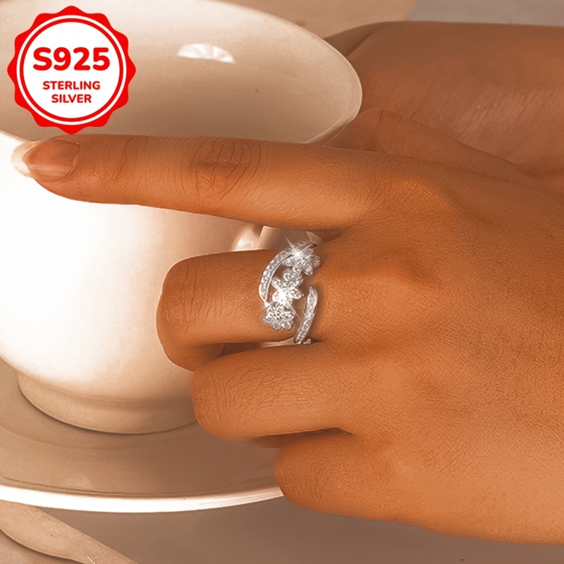 Adjustable 925 Silvery Women's Ring with Zirconia Inlay Flowers