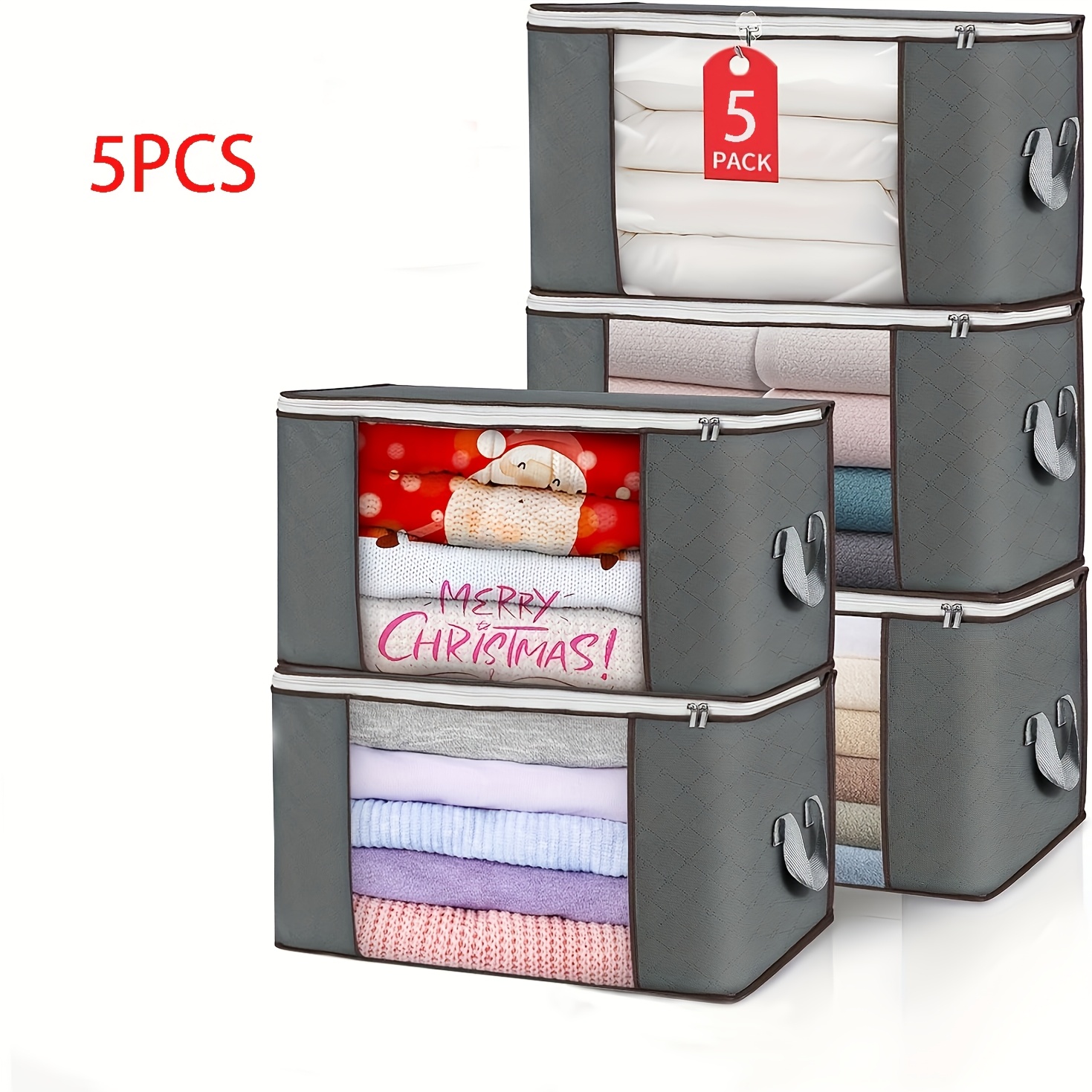5pcs 23.78gal Large Storage Bags, Clothes Storage Bins Foldable Closet Organizers Storage Containers With Reinforced Handle For Clothing, Blanket, Comforters, Bed Sheets, Pillows And (Gray)