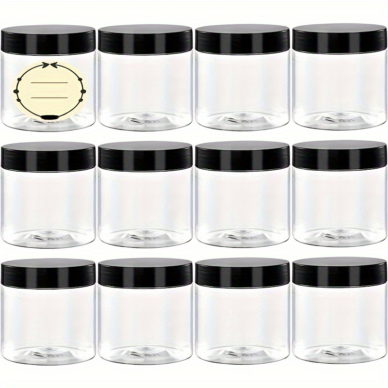 

12-pack 4oz Clear Plastic Jars With Black Lids, Round Cosmetic Containers, Airtight Seal For Lotion, Cream, Makeup, Travel Storage, Labels Included