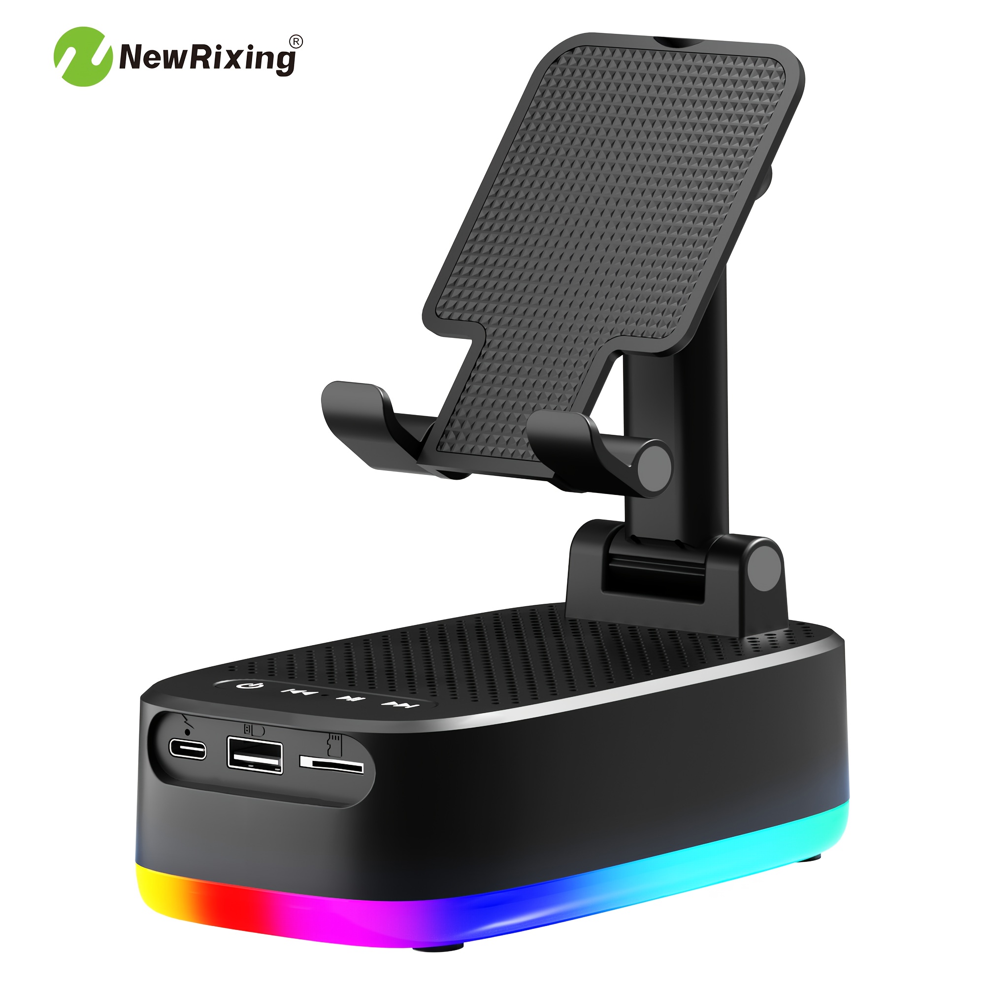 Image of Newrixing Wireless Speaker With Phone Holder, Bt Phone Holder, 6w Power, Clear And Deep , 1800mah Battery, Emergency Power Bank, 6-hour , Tws Dual Pairing, Usb Charging, Rgb Light Effect, Tf Card Slot