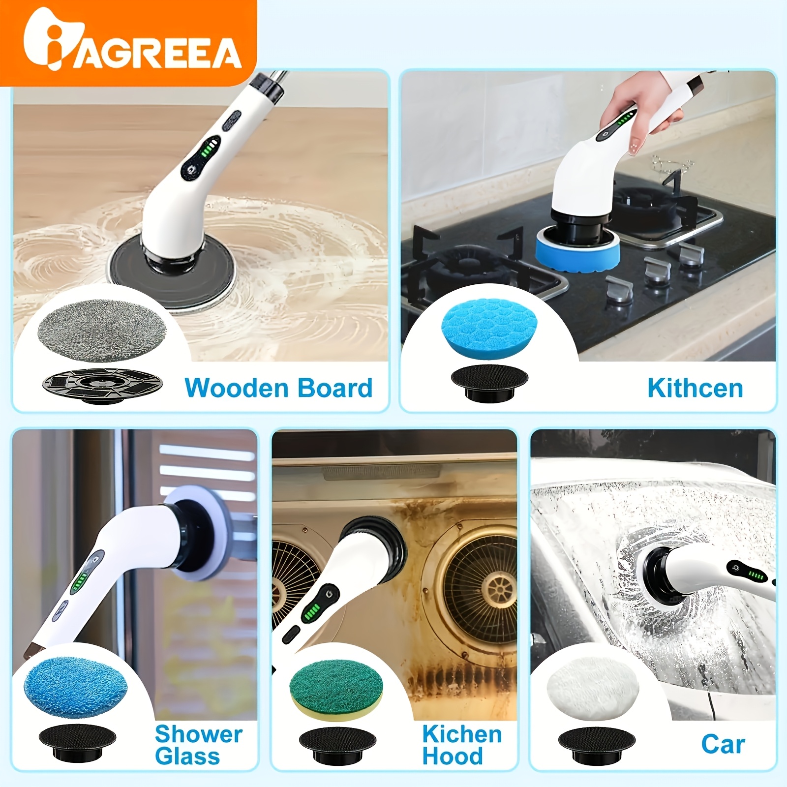 electric rotating cleaner a cordless cleaning brush for home use features two cleaning     with 8 interchangeable brush heads and an adjustable extended handle allowing for 360 degree wireless cleaning of bathrooms bathtubs showers car windows tiles and floors   with a usb c charging cable Product details 2