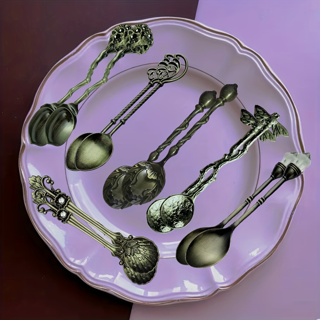 TEMU 12pcs/set, Metal Retro Style, Styles, Golden, Red, Silvery, , High-end Gifts For Festivals, Suitable For Party Spoons, Dessert Spoons, Tea