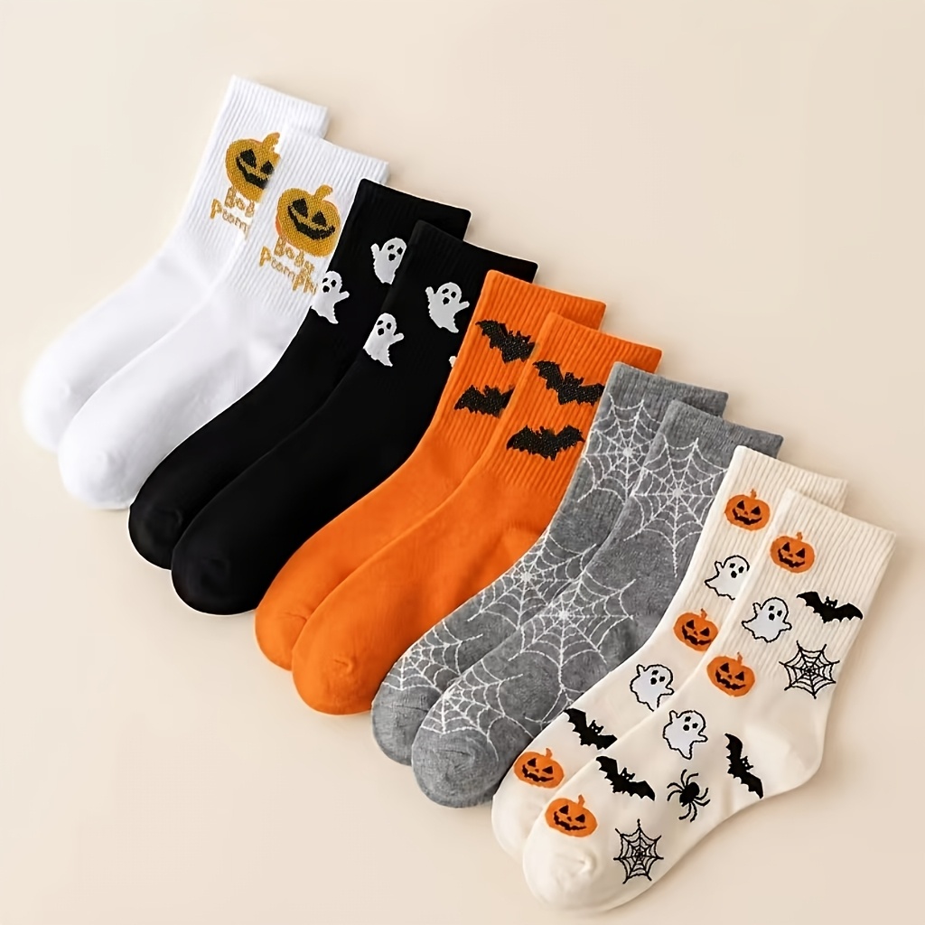 TEMU 5-pair Pack & Unisex Halloween Socks - Pumpkin Bat Spiderweb Print Ankle Socks Suitable For Daily Wear, Party Outfits, Machine Washable Themed