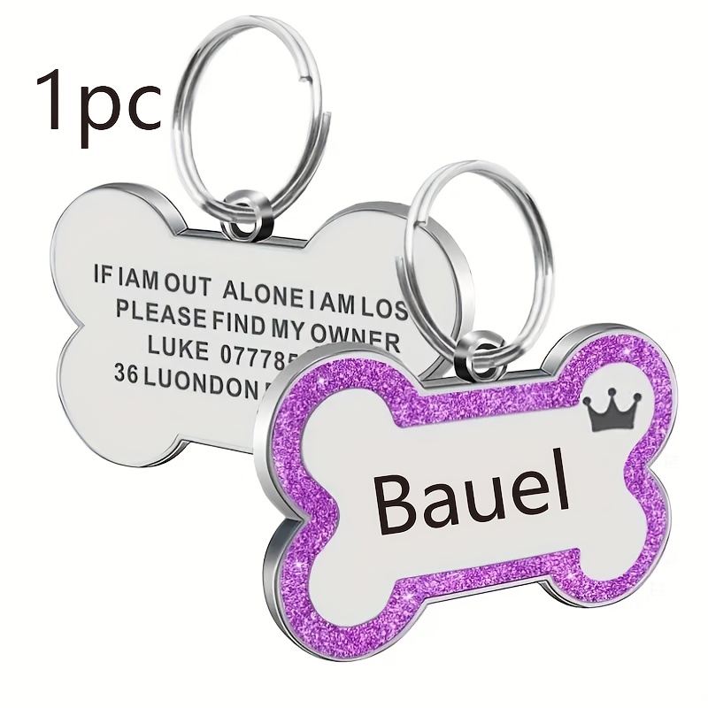 1pc Personalized Glitter Dog Tag - Custom Engraved Bone ID Tag with Name and Text, Pink Sparkle Surface, Paw Print Design, Perfect for Dog Collars & Leashes