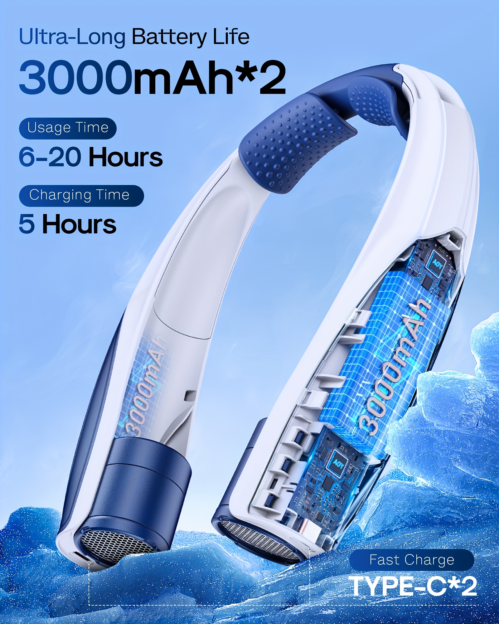 Ultra-Long Battery Life: 6-20 Hours, Dual Wind Speeds, Super Quiet Brushless Motor, 3000mAh*2, Durable USB Charging, Soft Silicone Neck Strap, Ideal for Work, Travel, Sports, and Outdoor Activities, Outdoor Sports Fan|Ergonomic Neckband Fan|Durable