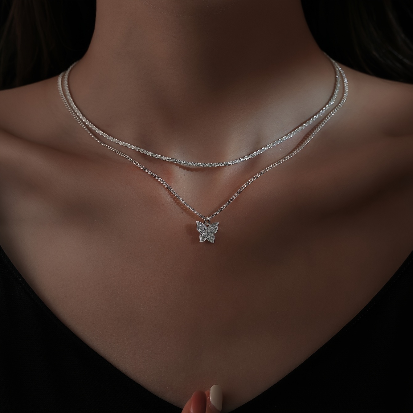 Double Layer Stackable Butterfly Pendant Necklace