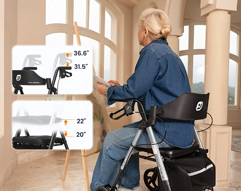 foldable rollator walker for seniors durable aluminum frame 8 all terrain wheels ergonomic seat backrest dual adjustable height 300 lb capacity storage basket linear brakes details 4