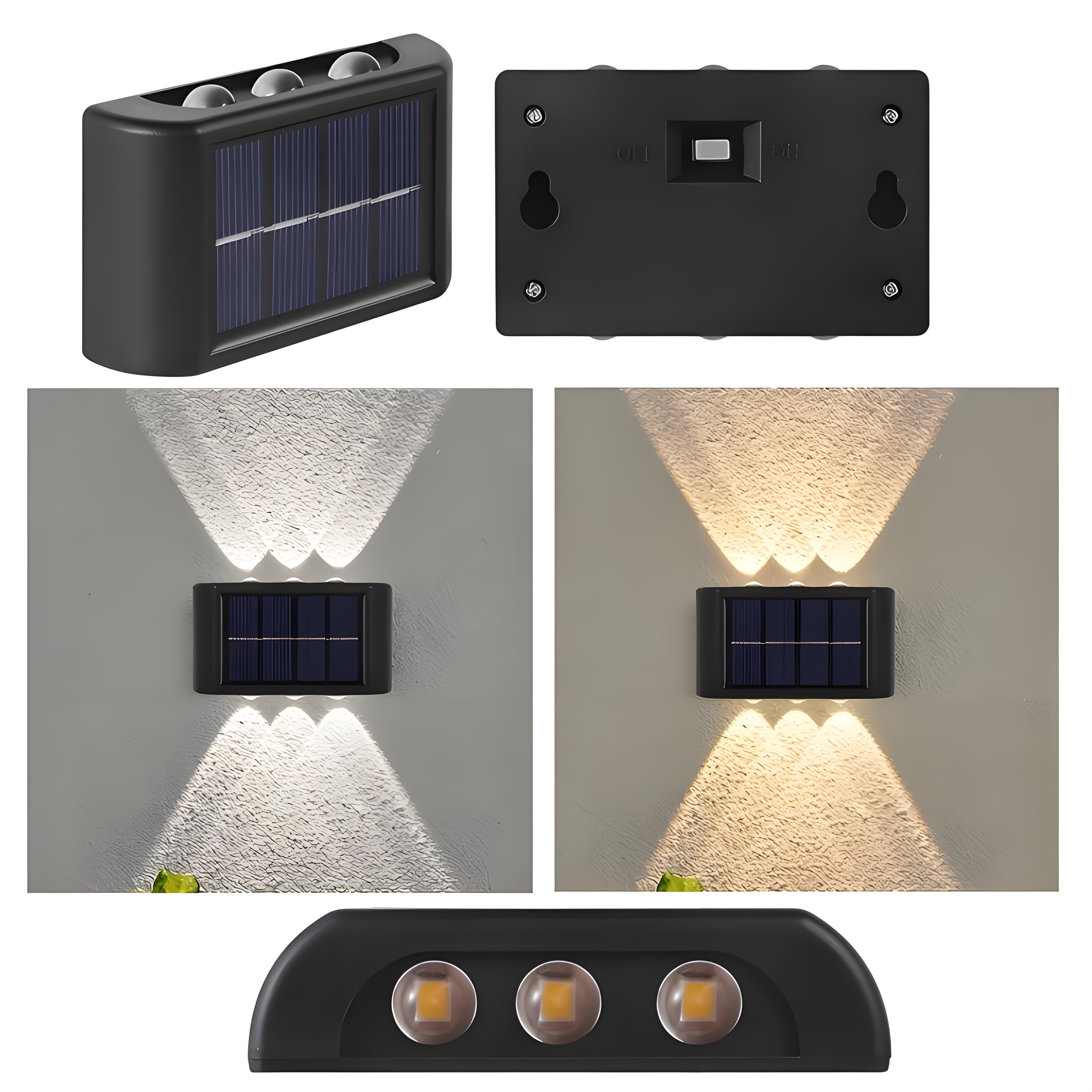 Set de 6 LED-uri, 2 bucăți, Lămpi solare de perete pentru exterior, Lumină de noapte portabilă, Lămpi ambientale de perete, Moduri de iluminare reglabile, Nu necesită încărcare, Instalare ușoară, Potrivite pentru garduri de grădină, verande, garaje exterioare, Iluminat interior/exterior, Lămpi de perete pentru exterior
