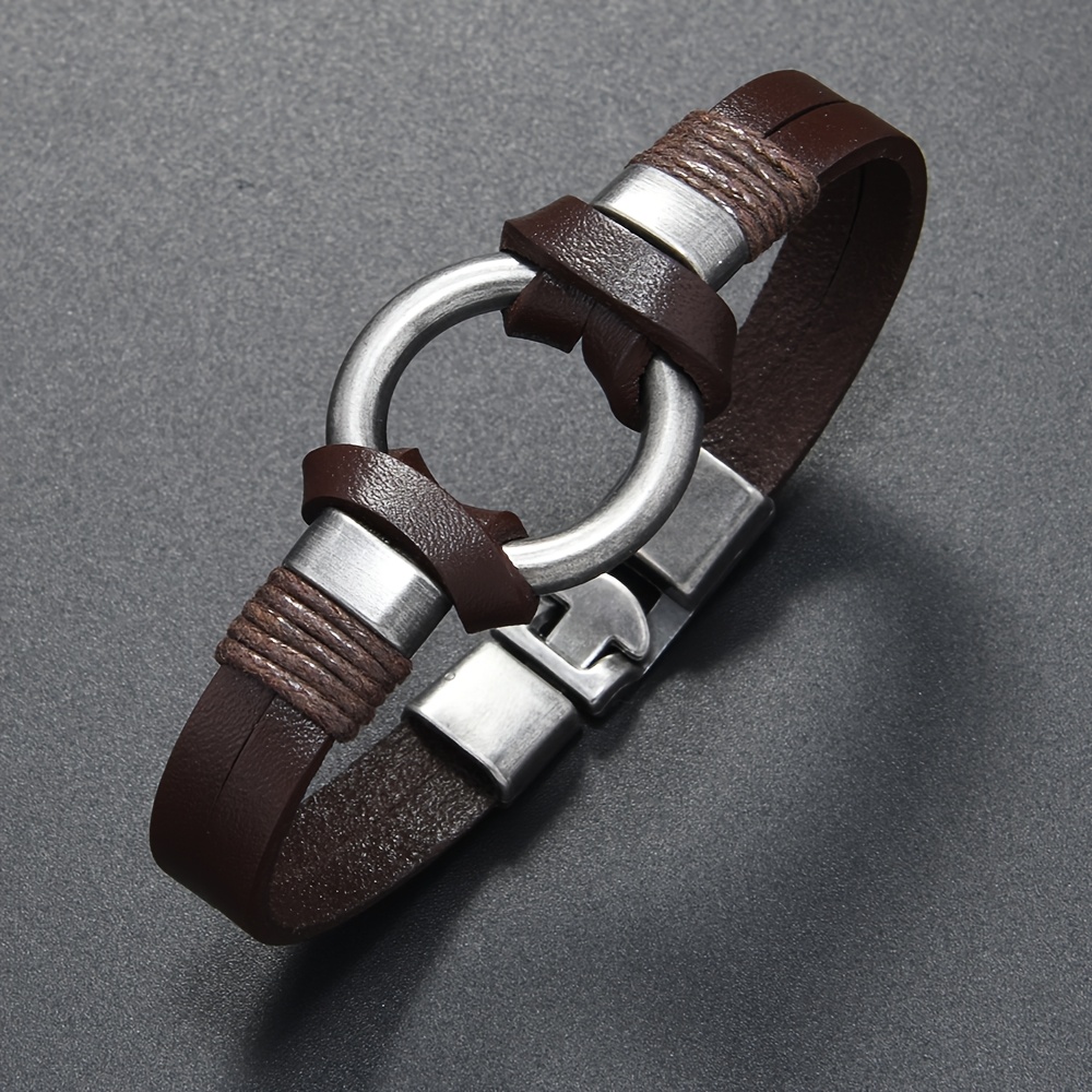 TEMU Pulsera de Anillo con Botón de Cuero Retro Envejecido, Pulsera Gruesa Envuelta en Cordón, Estilo de Ropa de Trabajo de Motocicleta, Joyería de