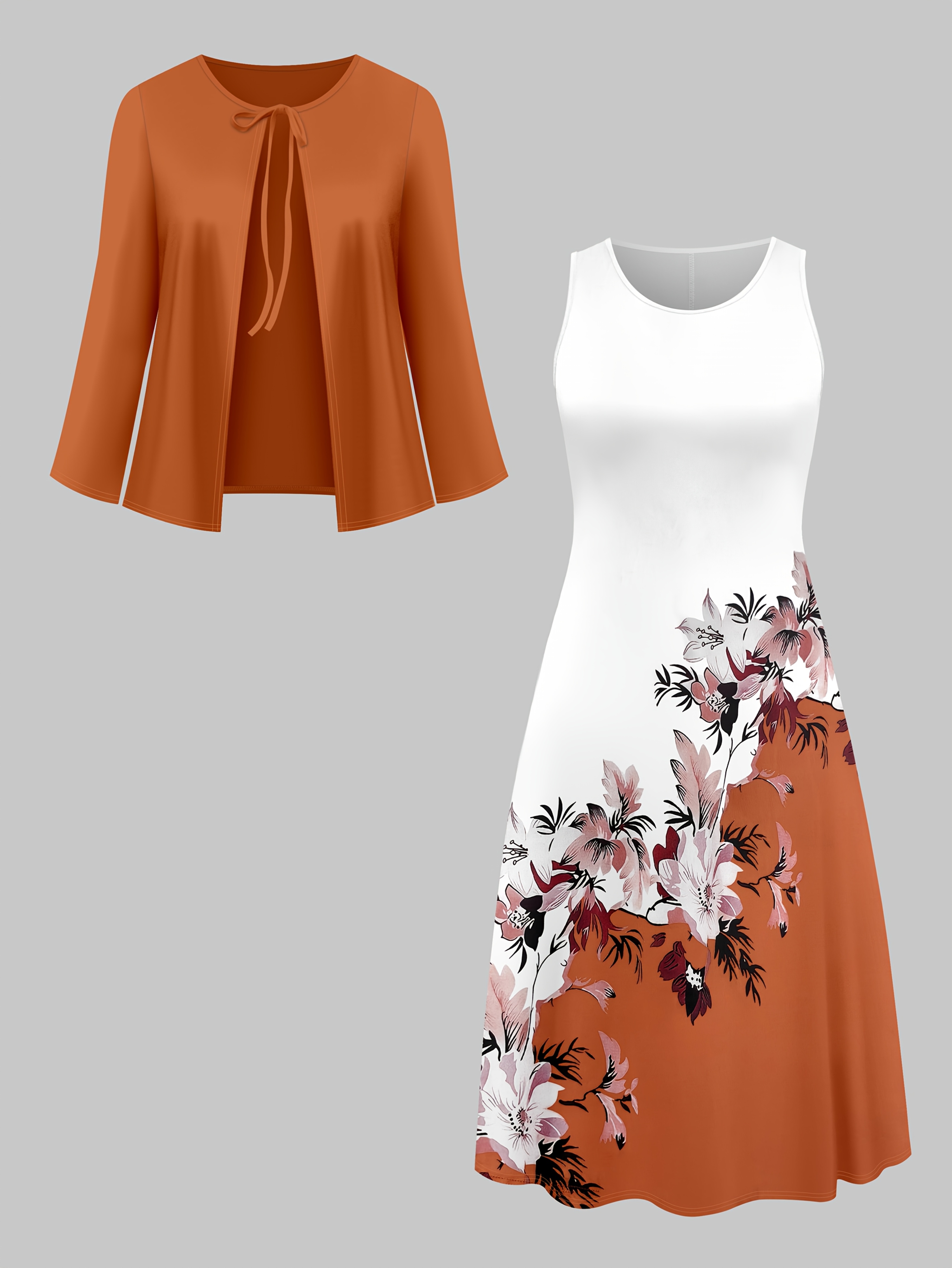 Fashion Women's solid color small cardigan and floral print patchwork dress two-piece set