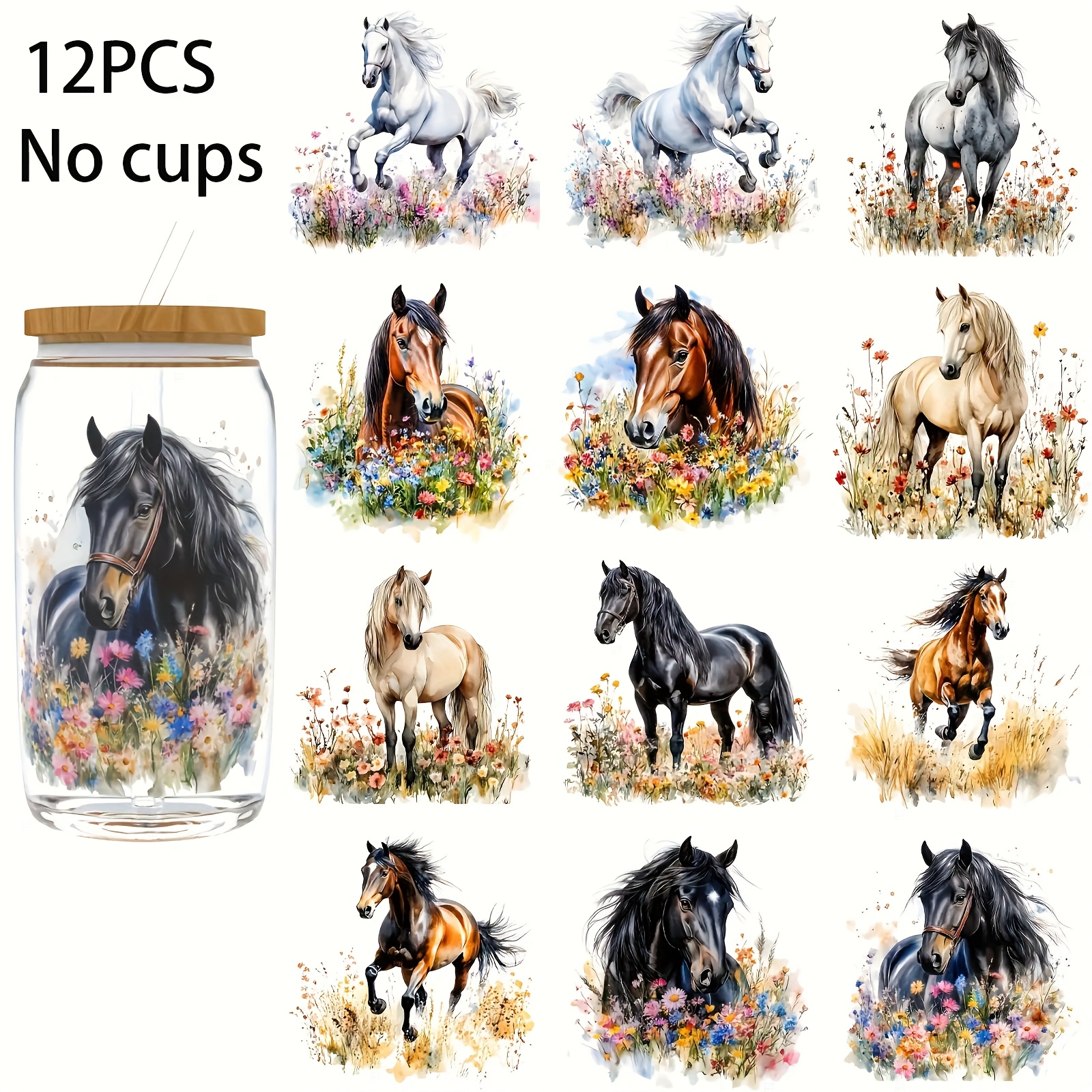 Image of 12pcs/set Flower Horse Uv Dtf Transfer Paper Cellophane, Plastic Label For Bottle And Cup Decoration (glass Not Included)